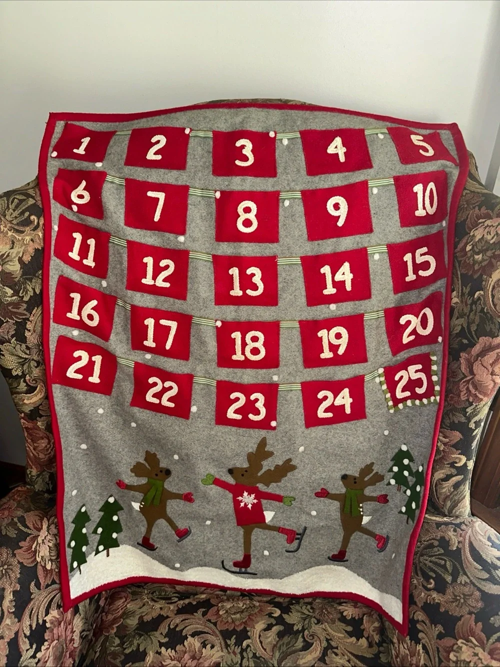 Crate&Barrel wool Gray, Red and Green skating Reindeer Advent calendar
